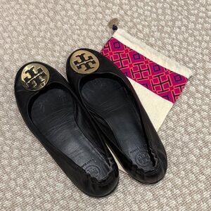 Tory Burch Black Travel Ballet Flats with Gold Accents